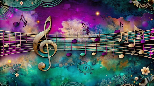 Photo abstract musical background with treble clef notes and colorful watercolor painted clouds