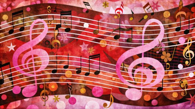 Photo abstract musical background with treble clefs musical notes and a wavy pattern