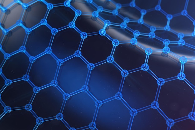 Abstract nanotechnology hexagonal geometric form close-up, concept graphene atomic structure, concept graphene molecular structure. Scientific concept, 3D Illustration