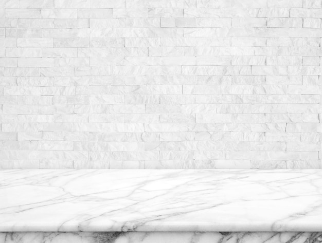 Abstract Natural texture marble floor on white brick wall backdrop Top view of marble table for graphic stand product interior design or montage display your object