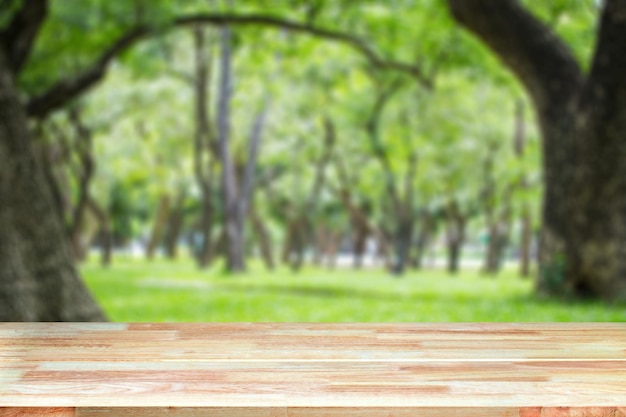 Abstract Natural wood table with Morning sunlight tree in the garden background Top view of plank wood for graphic stand product interior design or montage display your product