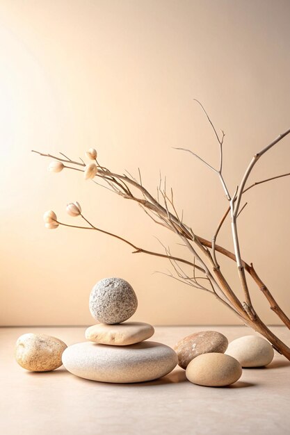 Photo abstract nature scene with composition of stones and dry branch neutral beige background for cosmetic beauty product branding identity and packaging natural pastel colors copy space front view