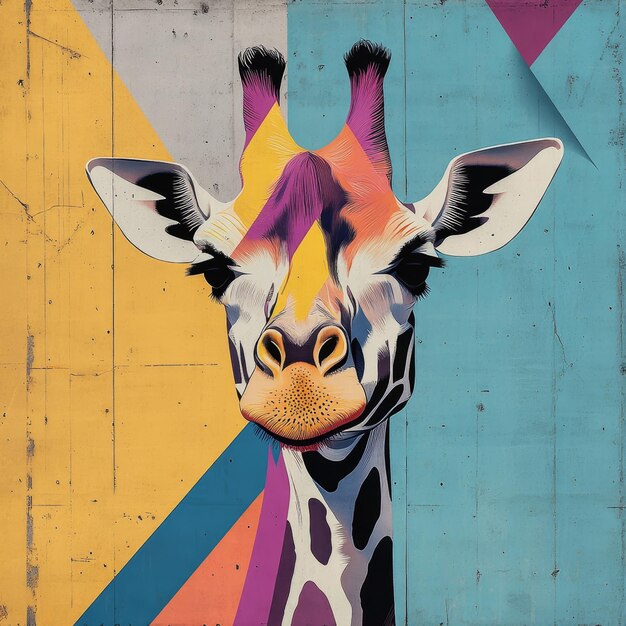 Abstract Neo Brutalism poster featuring a giraffe with vibrant colors and geometric elements