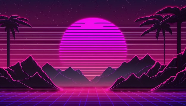 Abstract neon background in 80s style with palm trees at sunset Generative AI