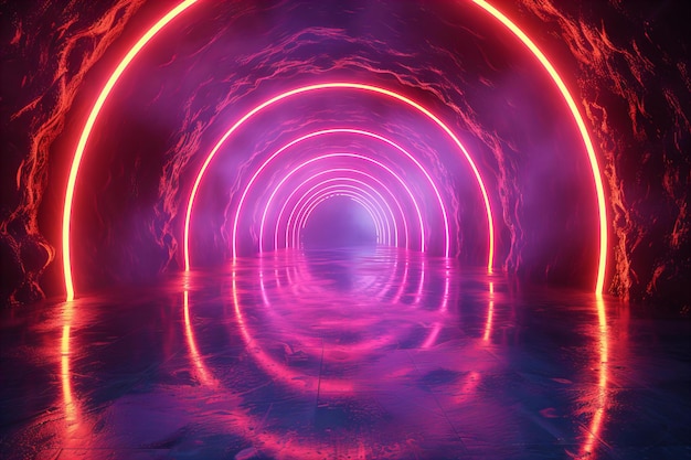 Abstract neon background with glowing arches and spirals creating immersive visual effects