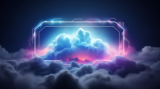 abstract neon background with stormy cloud and hexagonal frame glowing with colorful light