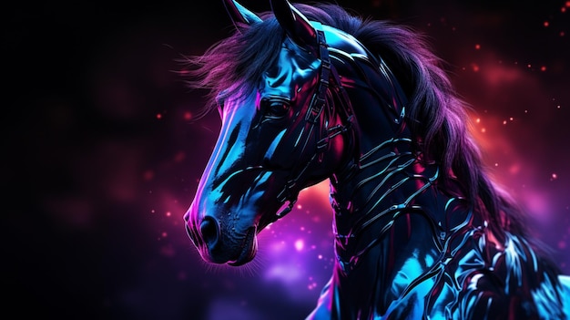 Abstract neon Black horse animal painting image Generative AI