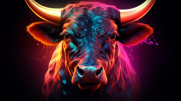 Abstract neon Bull animal painting image Generative AI