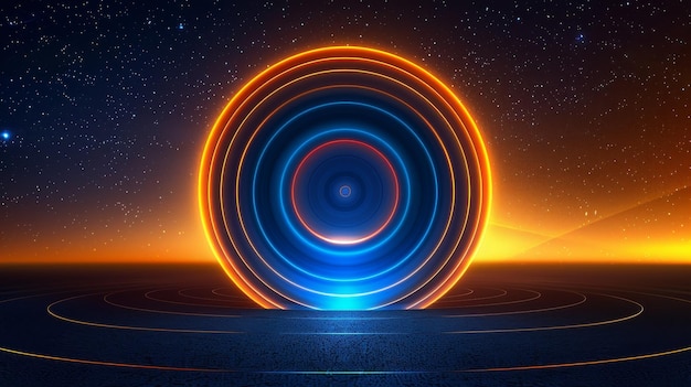 Abstract Neon Circle in Night Sky with Stars