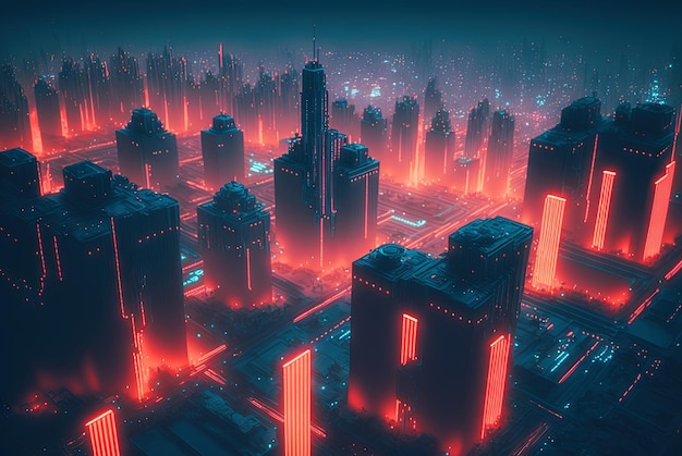 Abstract neon city aerial view Technology concept of night cityscape with blue lights in synthwave style Generated AI