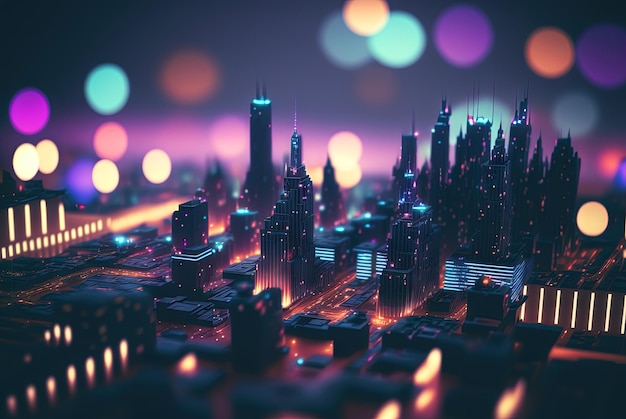 Abstract neon city aerial view Technology concept of night cityscape with blue lights in synthwave style Generated AI