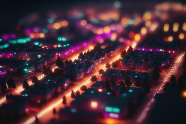 Abstract neon city aerial view Technology concept of night cityscape with blue lights in synthwave style Generated AI