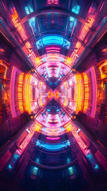 Abstract Neon Cityscape with Glowing Lights and Symmetrical Design