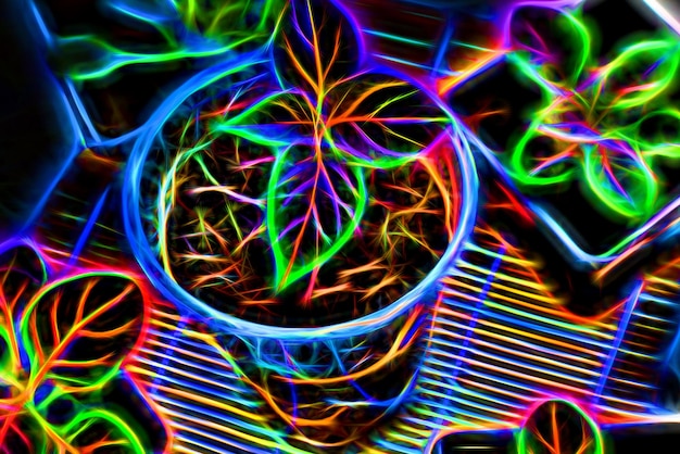 Abstract neon flower Colorful glowing plants closeup Top view