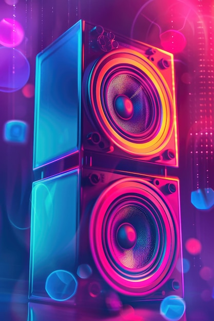 Abstract neon glowing background with musical speakers