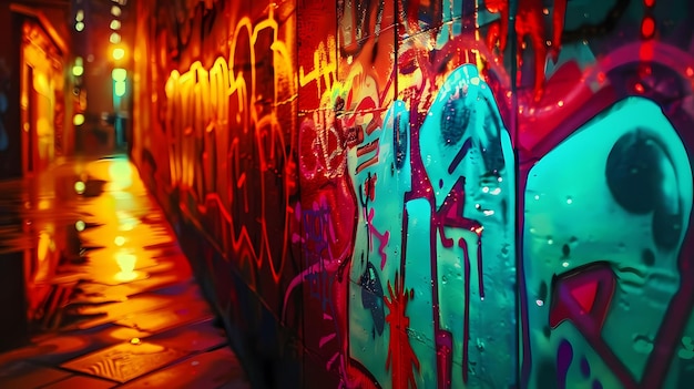 Photo abstract neon graffiti adorns a colorful wall with a black hole in the foreground