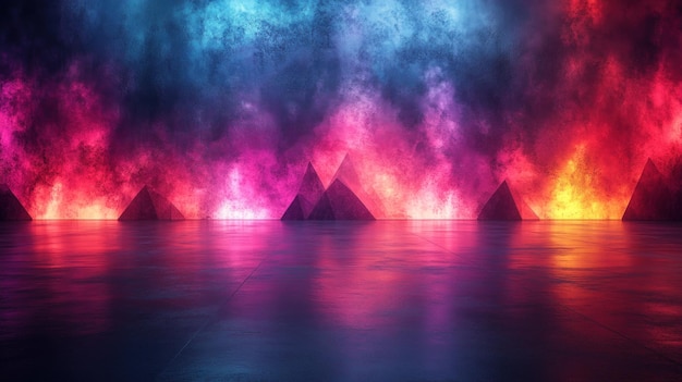 Photo abstract neon landscape with pyramids and smoke