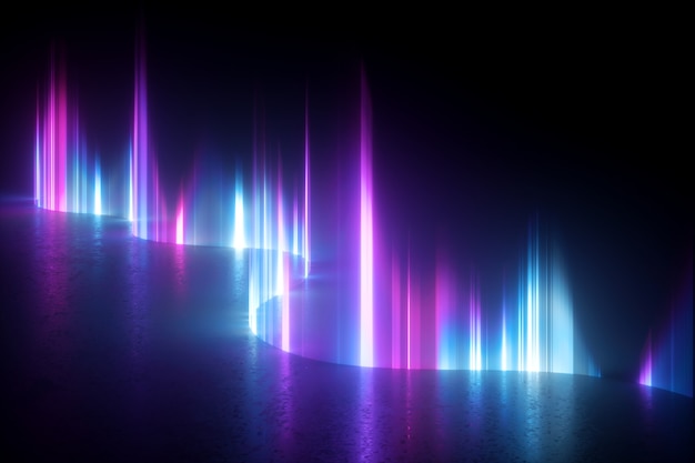 Abstract neon light background, artificial aurora borealis vertical rays.