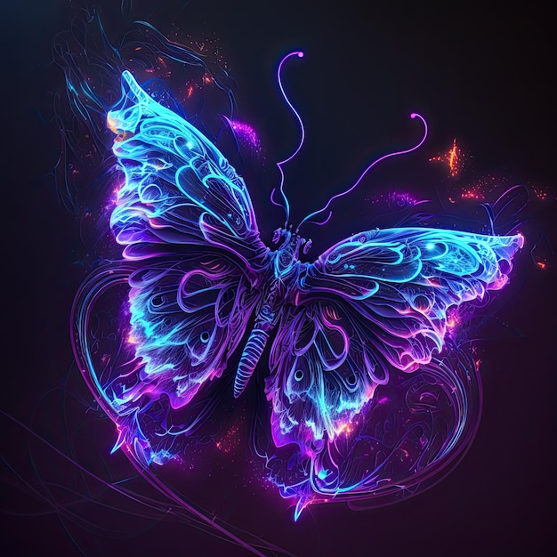 Abstract neon light Butterfly artwork design digital art wallpaper glowing space background Generative ai