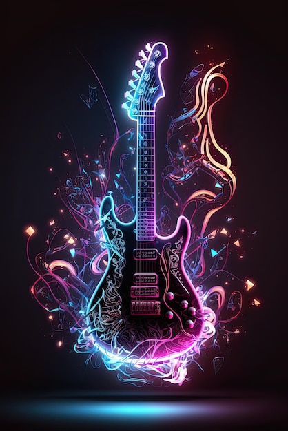 Abstract neon light Electric Guitar artwork design digital art wallpaper glowing space background Generative ai