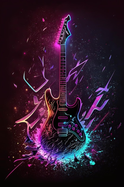 Abstract neon light Electric Guitar artwork design digital art wallpaper glowing space background Generative ai