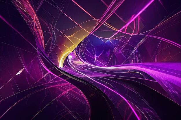 Abstract neon light traces on dark background dynamic purple curves digital illustration