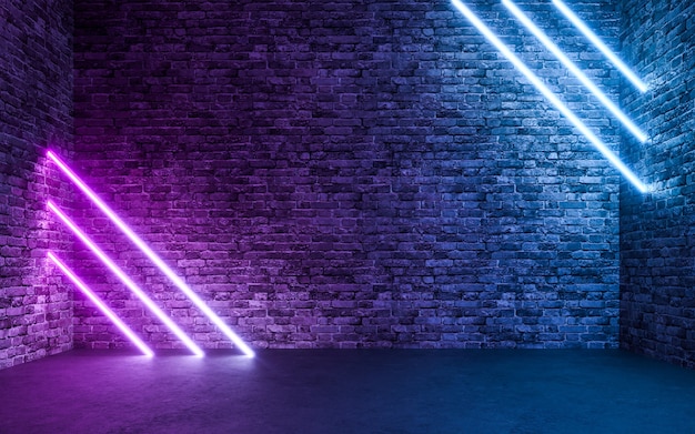 Abstract Neon Light With Empty Grunge Concrete Brick Room Background. 3d rendering