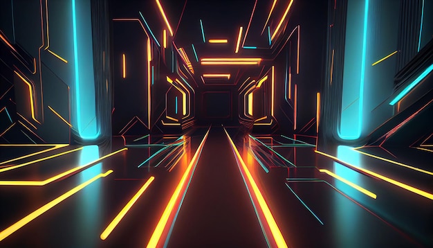 Abstract neon lights tunnel background with laser rays and glowing lines Generative AI