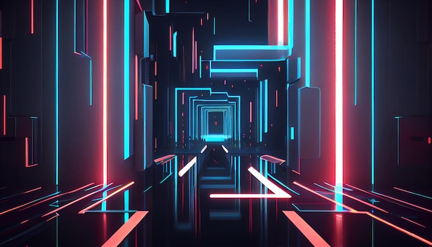 Abstract neon lights tunnel background with laser rays and glowing lines Generative AI