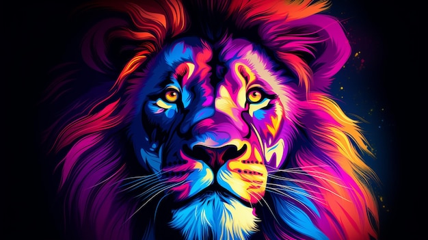 Abstract neon Lion animal painting image Generative AI