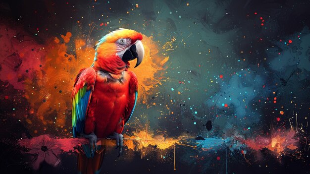 Photo an abstract and neon macaw parrot portrait on a dark green background