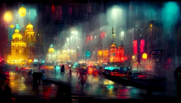 Abstract neon night city with blur effect Creative art illustration