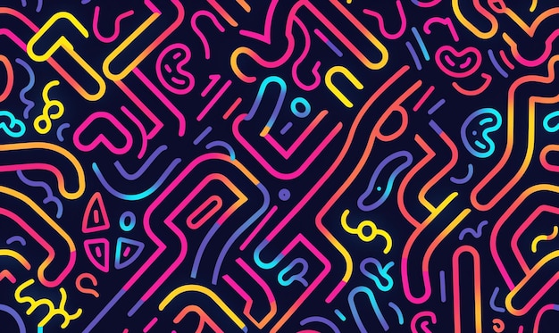 Photo abstract neon pattern with bright colorful lines and shapes on a dark background