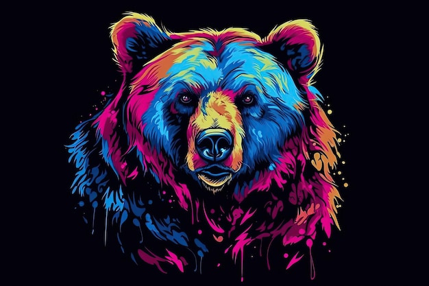 Abstract neon portrait of a bear's head a grizzly in the style of pop art highlighted on a black background Generative AI illustration