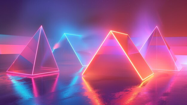 Photo abstract neon pyramids reflecting in a watery surface symbolizing modern architecture futuris