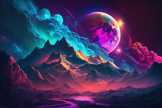 Abstract neon space landscape dream Month and moon mountains fog and star nebulae