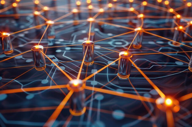 Abstract network of glowing connections and nodes with orange lights on a dark background