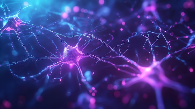 Abstract Neuron Cell Network 3D Rendered Medical Illustration with Glowing Light Effects