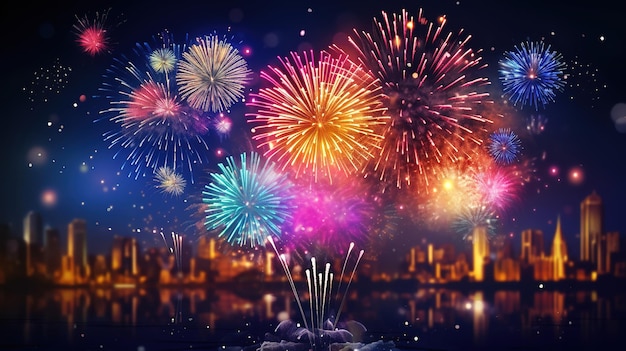 Abstract new year background with colorful fireworks and christmas lights Generative Ai