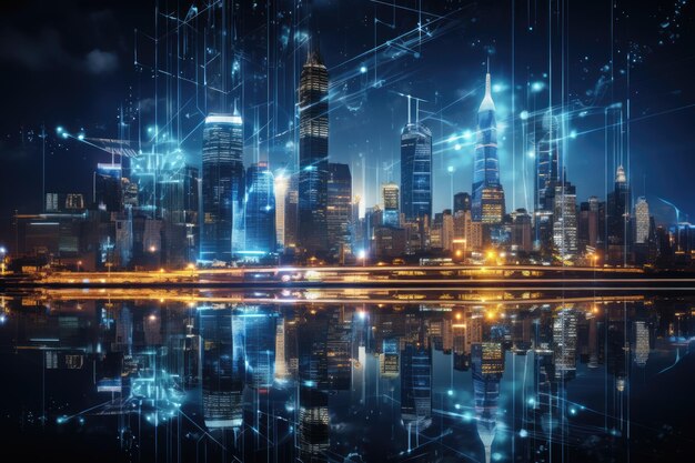 Abstract night city background Smart cities AI and digital transformation concepts embrace the world of the future by Generative AI