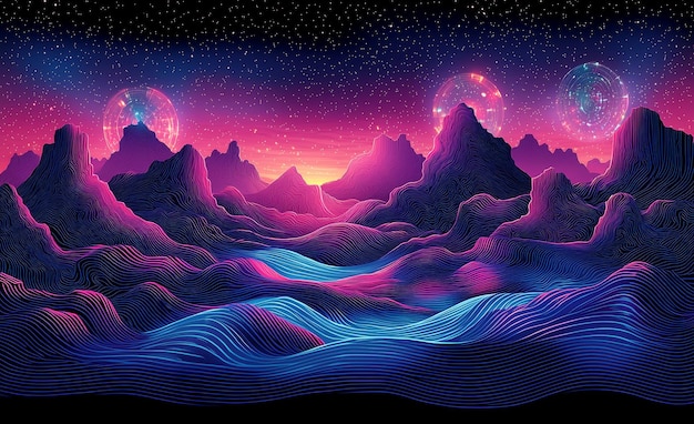 Abstract Night Sky Landscape with Purple and Blue Mountains