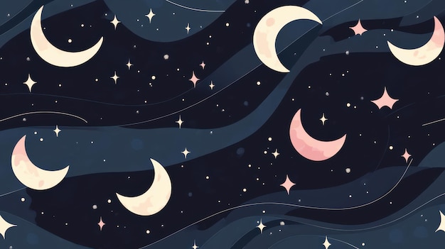 Abstract Night Sky with Crescent Moons and Stars