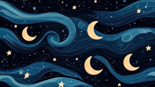 Abstract Night Sky with Crescent Moons and Stars