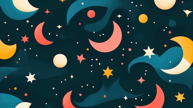 Abstract Night Sky with Moons Stars and Planets