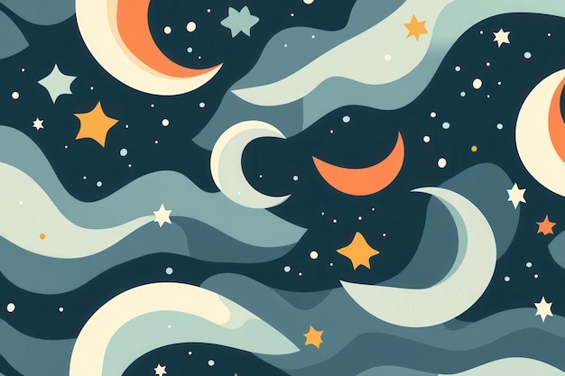 Abstract Night Sky with Wavy Clouds Moons and Stars