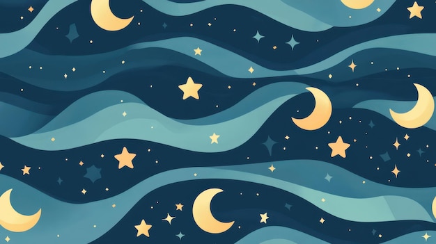 Abstract Night Sky with Wavy Clouds Stars and Crescent Moons