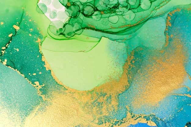 Abstract ocean foam print watercolor blue green and green texture with gold glitter