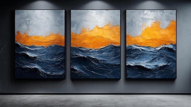 Abstract Ocean Sunset Triptych Painting Generative AI