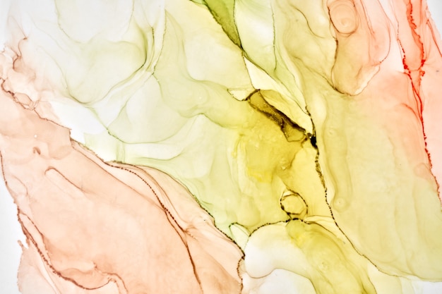 Abstract ocher green watercolor background. Yellow orange brown paint stains and spots in water, luxury fluid liquid art wallpaper, autumn colors mix