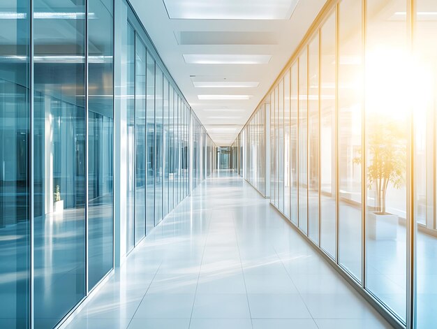 Abstract office corridor with glass partitions and a reflective turquoise floor under bright ceiling lights